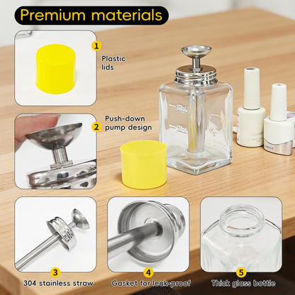 ffresiss Glass Acetone Dispenser, Push Down Pump Alcohol Dispenser with Metal Cover, Nail Polish Remover Liquid Pump Square Bottle Hand Pumping Rubbing Press Container, 6oz / 180ml