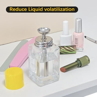 ffresiss Glass Acetone Dispenser, Push Down Pump Alcohol Dispenser with Metal Cover, Nail Polish Remover Liquid Pump Square Bottle Hand Pumping Rubbing Press Container, 6oz / 180ml