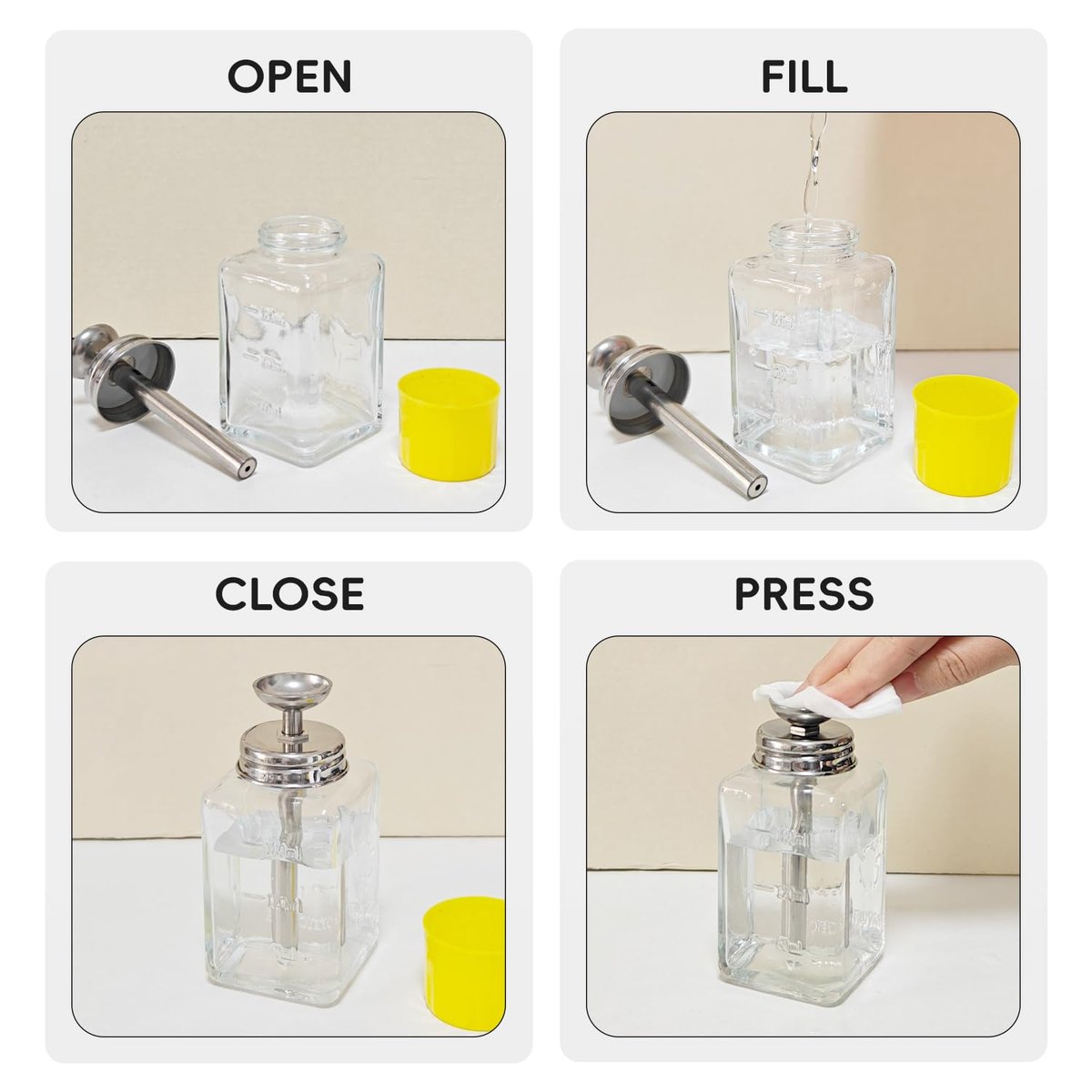 ffresiss Glass Acetone Dispenser, Push Down Pump Alcohol Dispenser with Metal Cover, Nail Polish Remover Liquid Pump Square Bottle Hand Pumping Rubbing Press Container, 6oz / 180ml - görsel 11