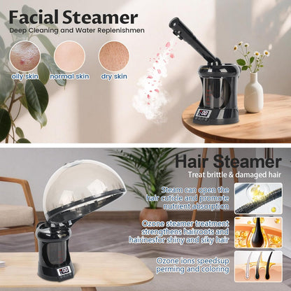 2-in-1 Hair Steamer & Face Steamer – Ozone Facial Steamer, Portable Tabletop Steamer for Home & Salon Personal Care (Black & Gray) Avelisse