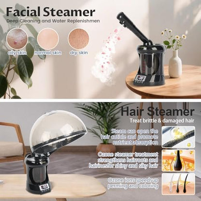 2-in-1 Hair Steamer & Face Steamer – Ozone Facial Steamer, Portable Tabletop Steamer for Home & Salon Personal Care (Black & Gray) Avelisse