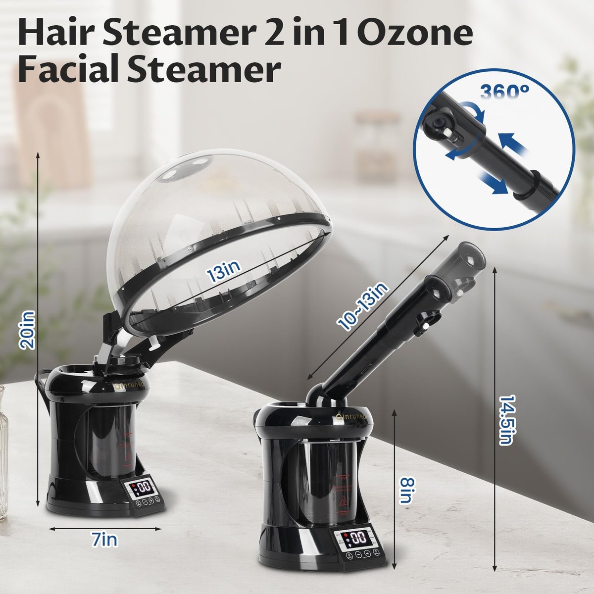 2-in-1 Hair Steamer & Face Steamer – Ozone Facial Steamer, Portable Tabletop Steamer for Home & Salon Personal Care (Black & Gray) Avelisse