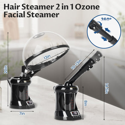 2-in-1 Hair Steamer & Face Steamer – Ozone Facial Steamer, Portable Tabletop Steamer for Home & Salon Personal Care (Black & Gray) Avelisse