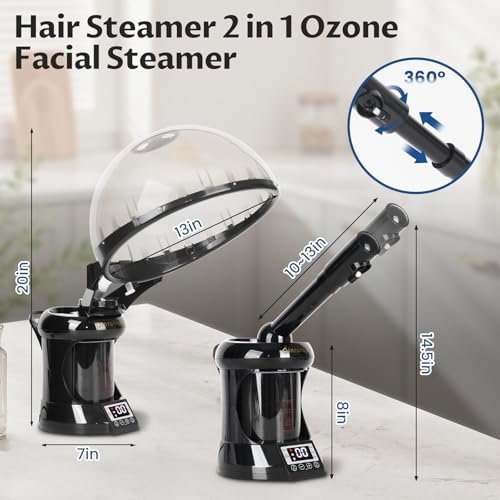 2-in-1 Hair Steamer & Face Steamer – Ozone Facial Steamer, Portable Tabletop Steamer for Home & Salon Personal Care (Black & Gray) Avelisse