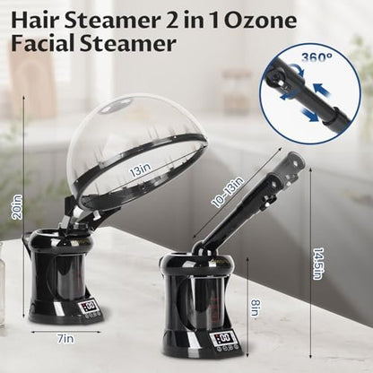 2-in-1 Hair Steamer & Face Steamer – Ozone Facial Steamer, Portable Tabletop Steamer for Home & Salon Personal Care (Black & Gray) Avelisse