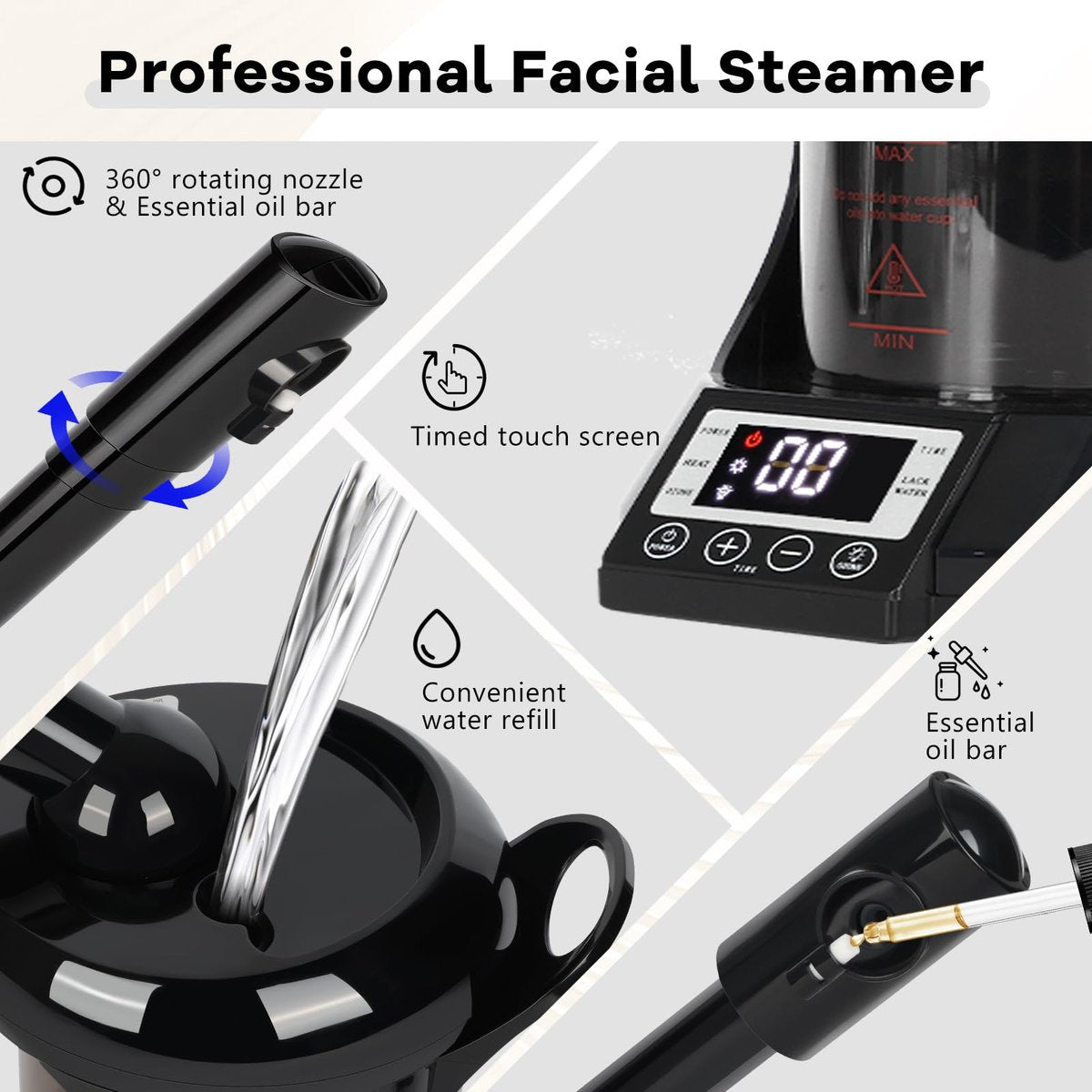 2-in-1 Hair Steamer & Face Steamer – Ozone Facial Steamer, Portable Tabletop Steamer for Home & Salon Personal Care (Black & Gray) Avelisse