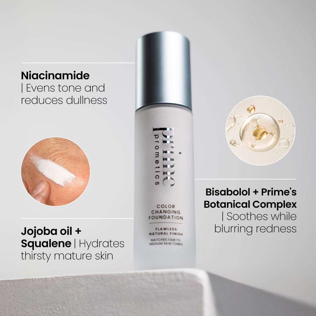 Prime Prometics Color Changing Foundation for Mature Women – Adaptive Skin Tone Match, Buildable Coverage, 12-Hour Wear, Dewy Finish Avelisse