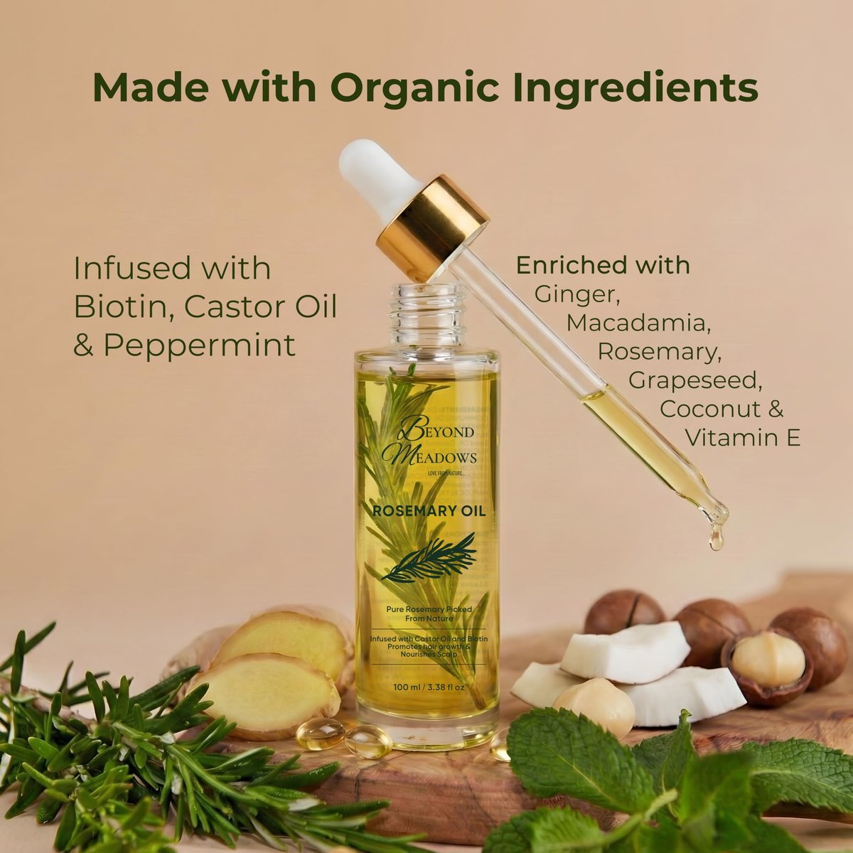 Beyond Meadows Organic Rosemary Oil for Hair Growth – Infused with Biotin, Castor Oil & Peppermint for Healthier Hair & Stronger Roots, Split Ends & Dry Scalp Treatment - with Dropper (3.38 fl oz) Avelisse