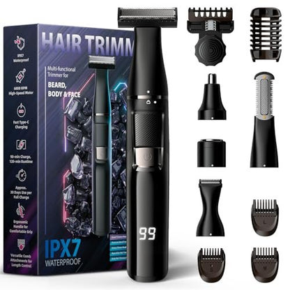 Sybler Electric Razor for Men 5 in 1 - Beard Trimmer Kit with Adjustable Comb, Body Shaver, Nose & Ear Trimmer, IPX7 Waterproof, Type-C Fast Charge, LED Display, 120-Min Cordless Use Avelisse