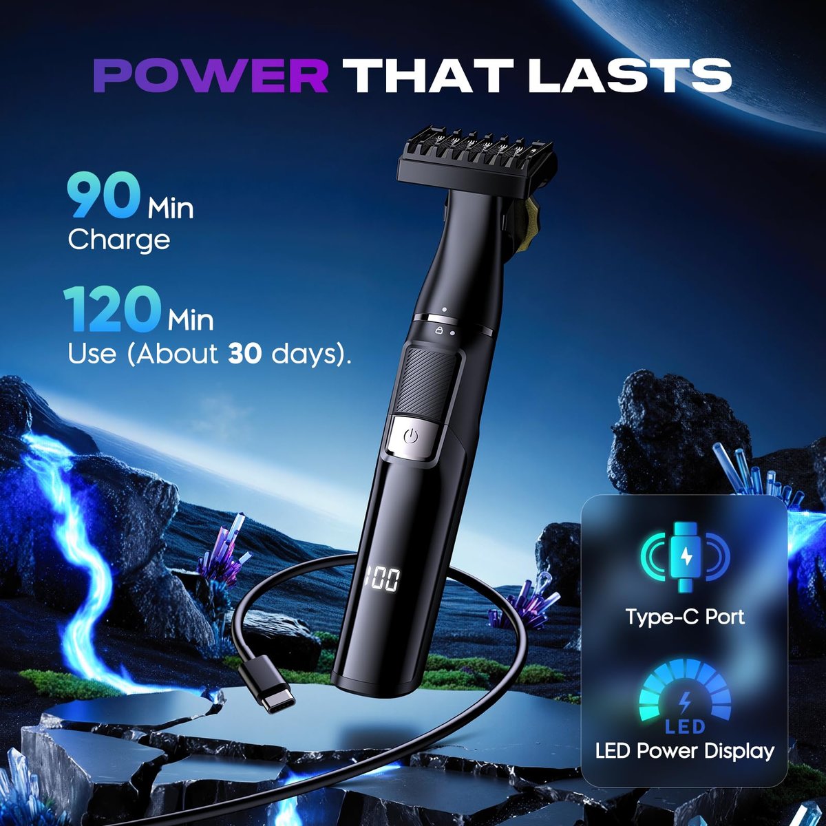 Sybler Electric Razor for Men 5 in 1 - Beard Trimmer Kit with Adjustable Comb, Body Shaver, Nose & Ear Trimmer, IPX7 Waterproof, Type-C Fast Charge, LED Display, 120-Min Cordless Use Avelisse