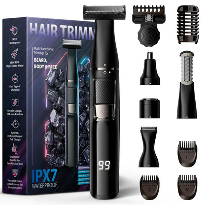 Sybler Electric Razor for Men 5 in 1 - Beard Trimmer Kit with Adjustable Comb, Body Shaver, Nose & Ear Trimmer, IPX7 Waterproof, Type-C Fast Charge, LED Display, 120-Min Cordless Use Avelisse