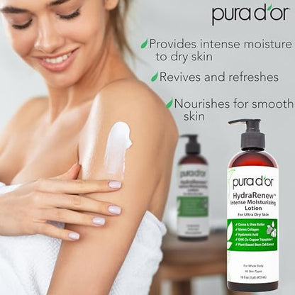 PURA D'OR HydraRenew Intense Moisturizing Lotion for Ultra Dry Skin – Hand & Body Cream with Cocoa & Shea Butters, Hyaluronic Acid, GHK-Cu Copper Tripeptide-1, Marine Collagen, Plant Stem Cells, 16 oz Avelisse