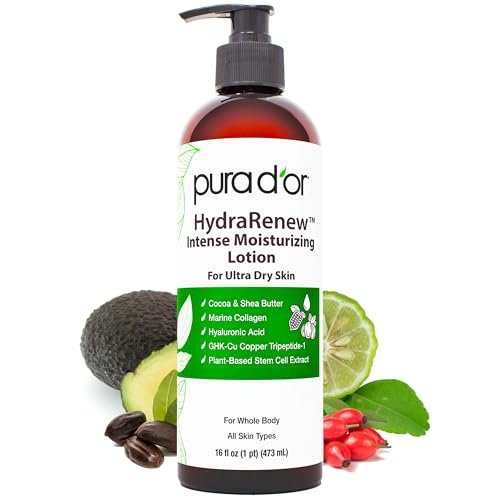 PURA D'OR HydraRenew Intense Moisturizing Lotion for Ultra Dry Skin – Hand & Body Cream with Cocoa & Shea Butters, Hyaluronic Acid, GHK-Cu Copper Tripeptide-1, Marine Collagen, Plant Stem Cells, 16 oz Avelisse