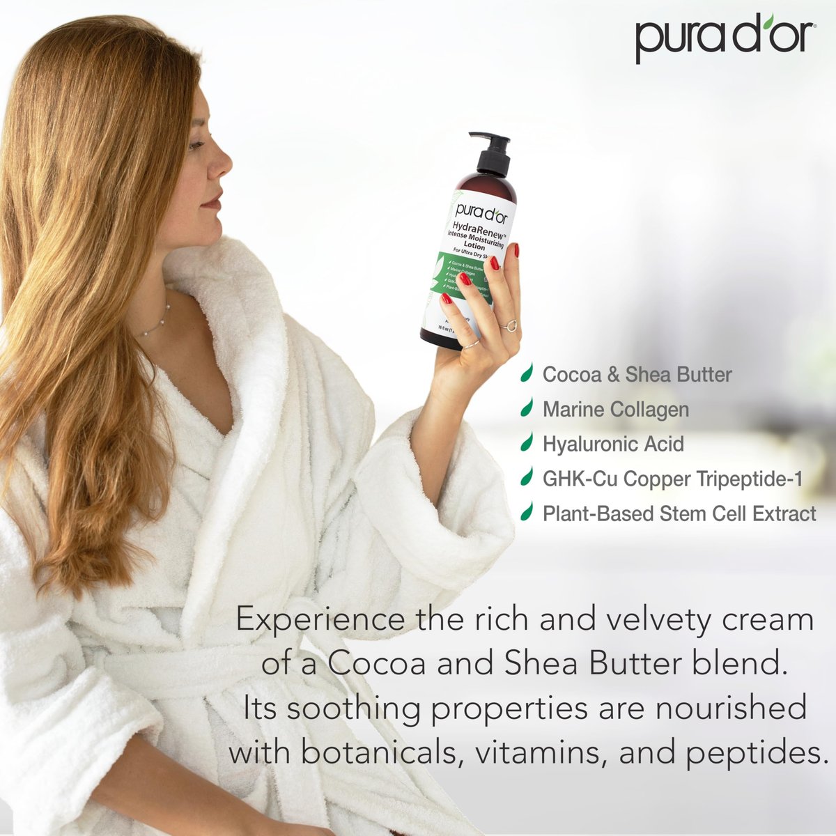 PURA D'OR HydraRenew Intense Moisturizing Lotion for Ultra Dry Skin – Hand & Body Cream with Cocoa & Shea Butters, Hyaluronic Acid, GHK-Cu Copper Tripeptide-1, Marine Collagen, Plant Stem Cells, 16 oz Avelisse