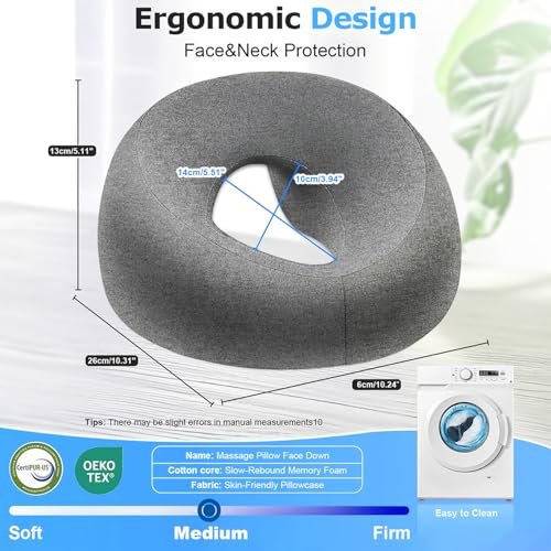 Goldencivetcat Face Down Pillow for Massage Table - Memory Foam Massage Headrest for Stomach Sleeping, BBL Pillow After Surgery, Post-Eye Surgery Recovery, Tanning Pillow with Removable Cover (Grey) Avelisse