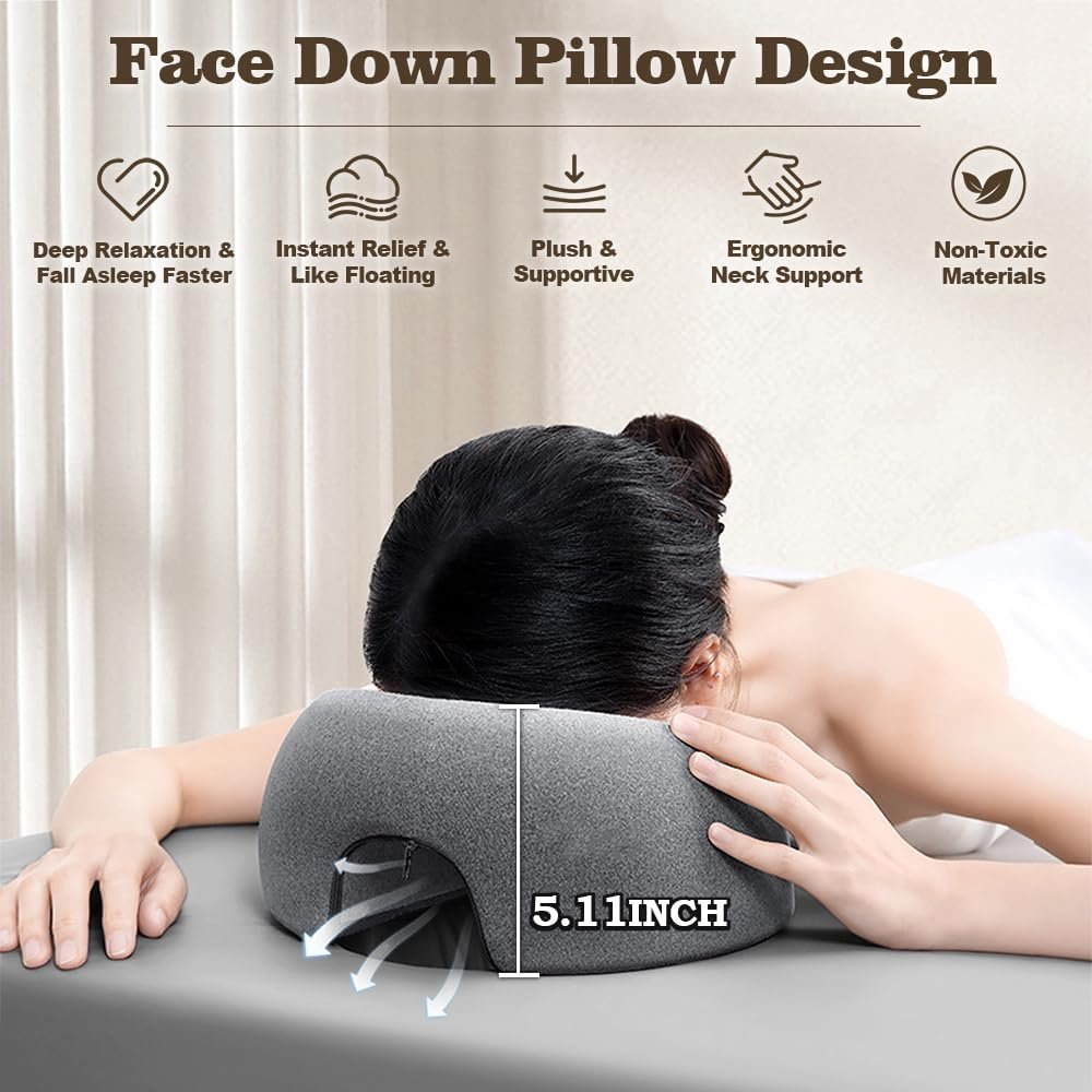Goldencivetcat Face Down Pillow for Massage Table - Memory Foam Massage Headrest for Stomach Sleeping, BBL Pillow After Surgery, Post-Eye Surgery Recovery, Tanning Pillow with Removable Cover (Grey) Avelisse