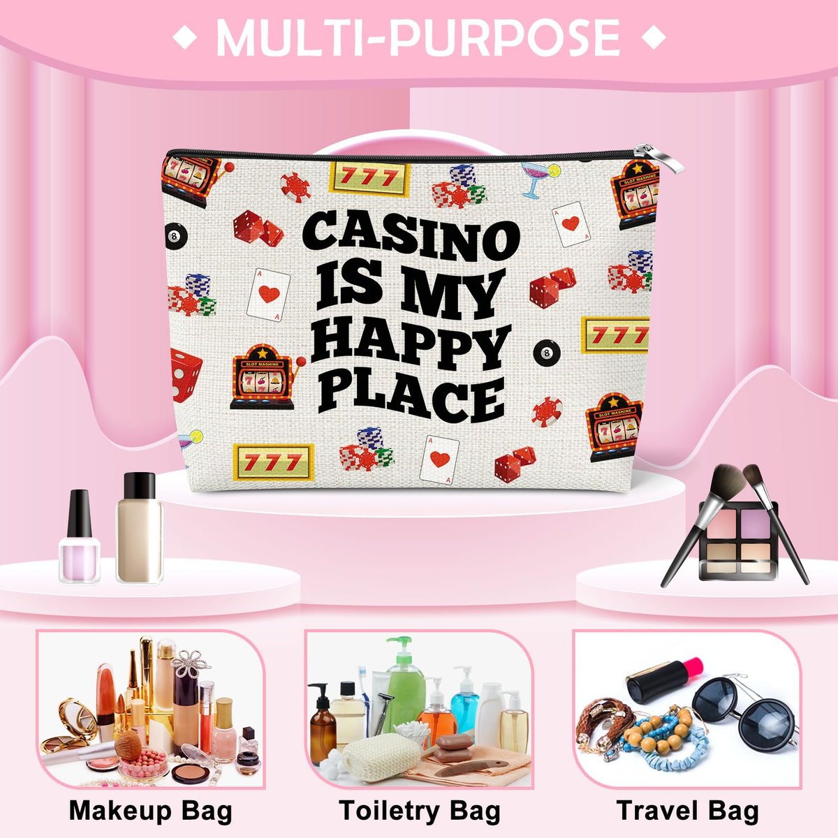 Casino Lover Makeup Bag - Slot Machine Themed Cosmetic Pouch for Gambling Enthusiasts, Gift for Women, Grandma, Friend - görsel 7