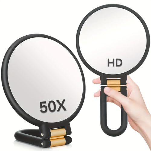 RYPFOEWBN Modern Mirror 3-in-1 Magnifying Glass – 9.45 Inch Black and Gold Double-Sided Makeup Mirror with 360° Handle Avelisse