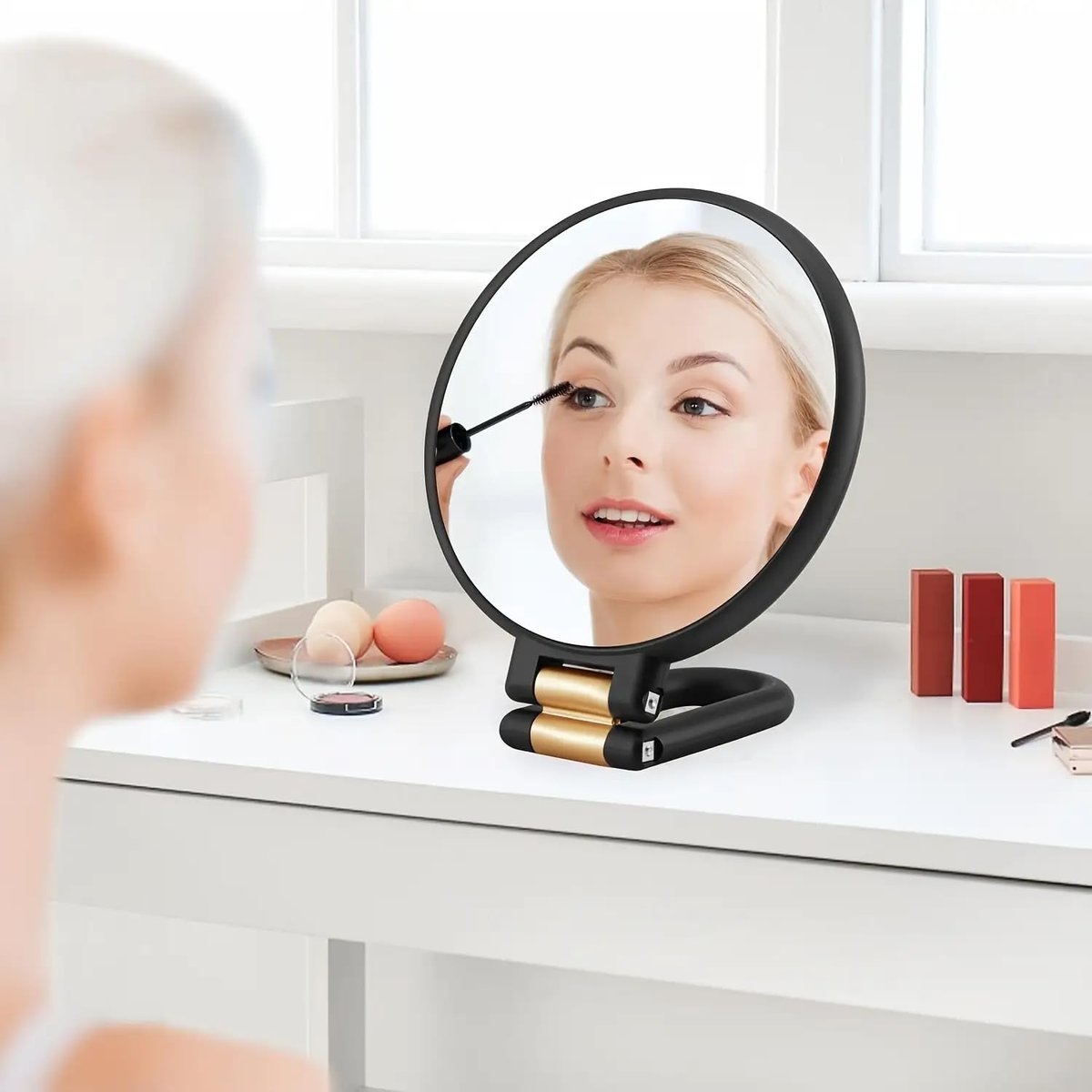 RYPFOEWBN Modern Mirror 3-in-1 Magnifying Glass – 9.45 Inch Black and Gold Double-Sided Makeup Mirror with 360° Handle Avelisse
