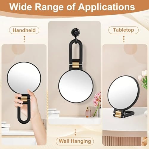 RYPFOEWBN Modern Mirror 3-in-1 Magnifying Glass – 9.45 Inch Black and Gold Double-Sided Makeup Mirror with 360° Handle Avelisse
