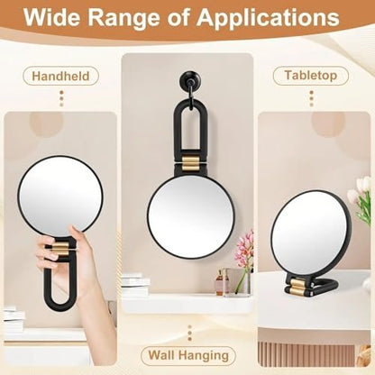 RYPFOEWBN Modern Mirror 3-in-1 Magnifying Glass – 9.45 Inch Black and Gold Double-Sided Makeup Mirror with 360° Handle Avelisse