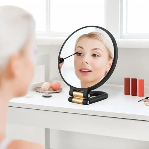 RYPFOEWBN Modern Mirror 3-in-1 Magnifying Glass – 9.45 Inch Black and Gold Double-Sided Makeup Mirror with 360° Handle Avelisse