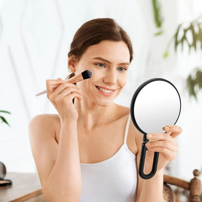 RYPFOEWBN Modern Mirror 3-in-1 Magnifying Glass – 9.45 Inch Black and Gold Double-Sided Makeup Mirror with 360° Handle Avelisse