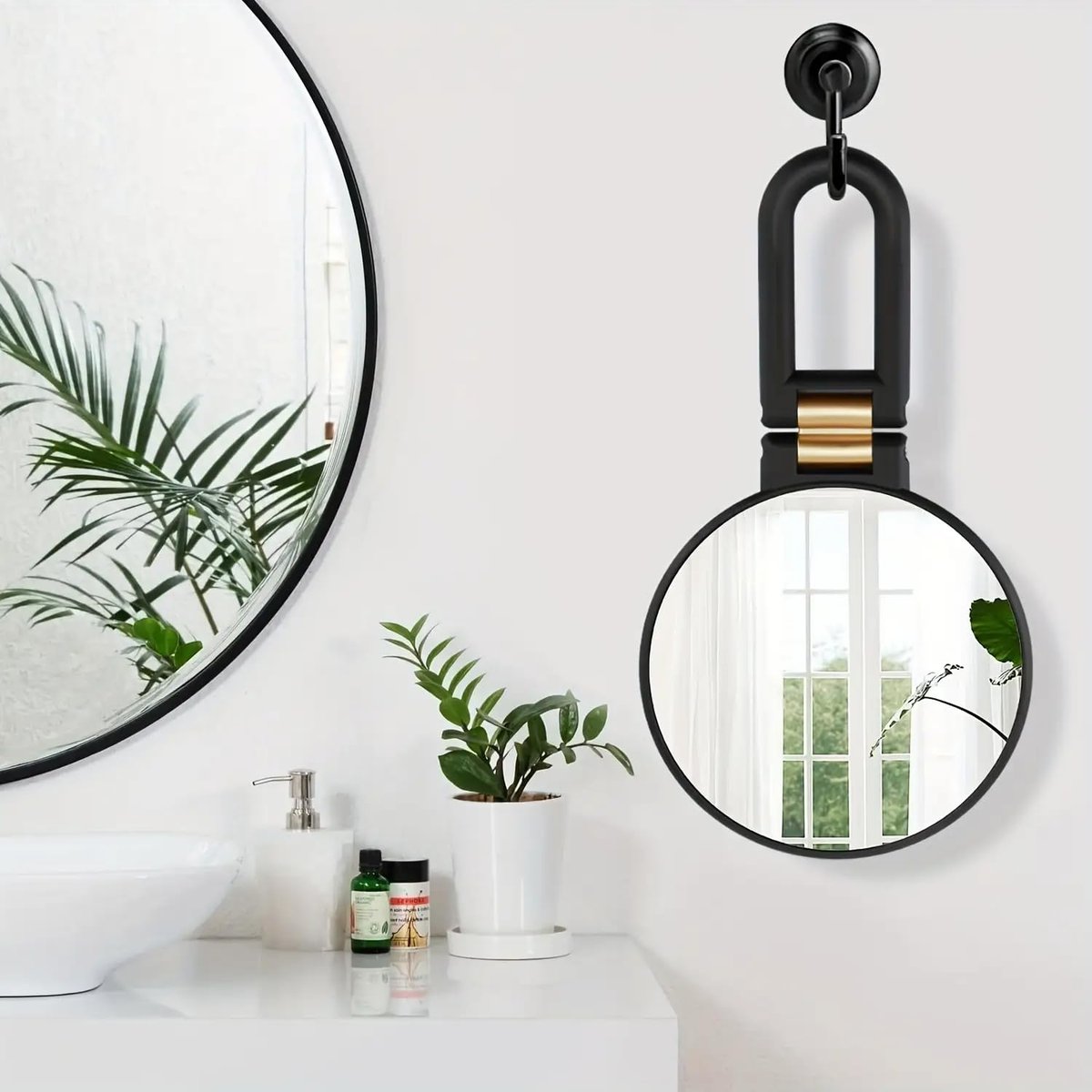 RYPFOEWBN Modern Mirror 3-in-1 Magnifying Glass – 9.45 Inch Black and Gold Double-Sided Makeup Mirror with 360° Handle Avelisse