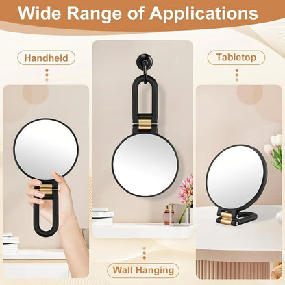 RYPFOEWBN Modern Mirror 3-in-1 Magnifying Glass – 9.45 Inch Black and Gold Double-Sided Makeup Mirror with 360° Handle Avelisse