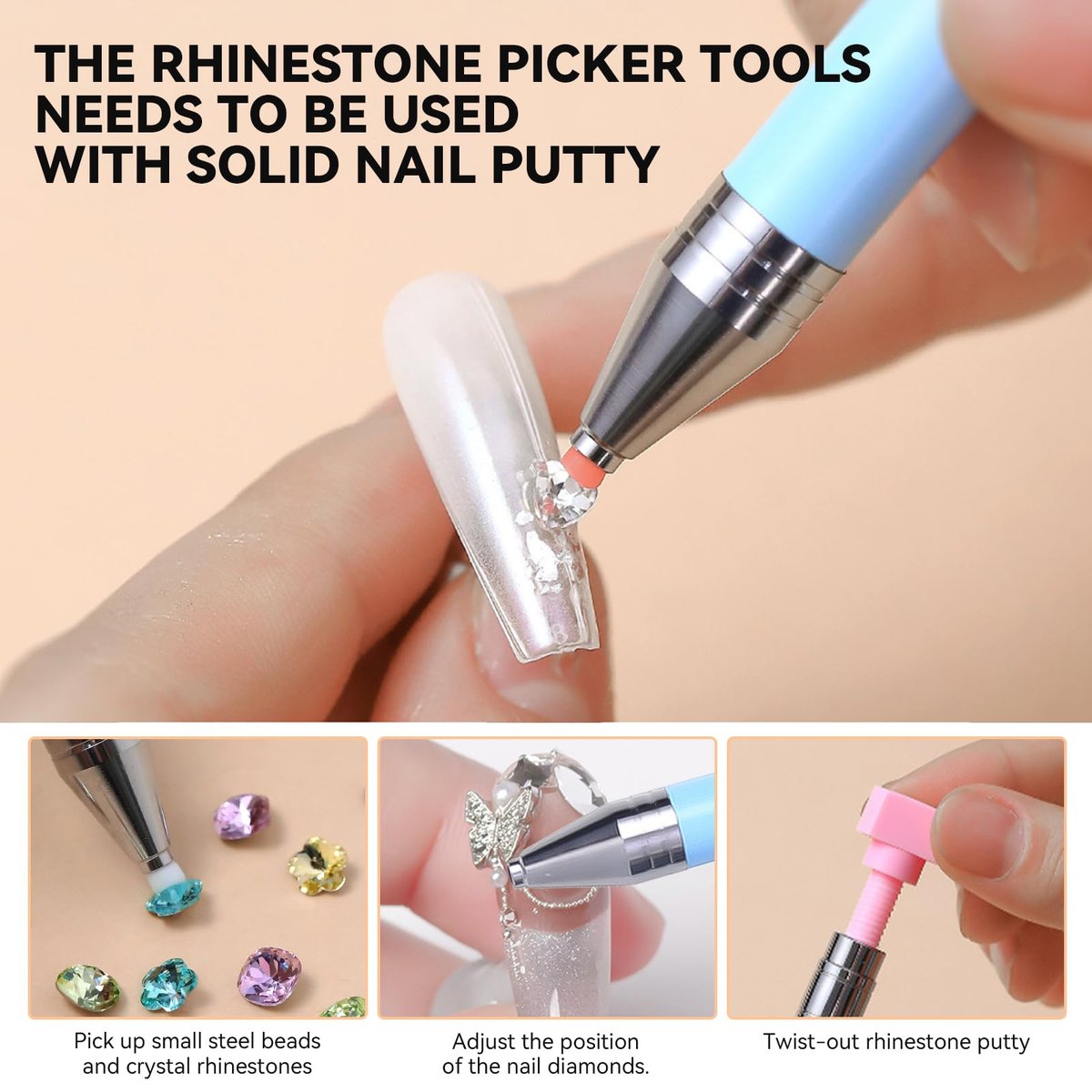 ESUOHYM 9 PCS Rhinestone Picker Tool Set - Wax Pencil Applicator, Gem Picker Tweezer & Tray for Nail Art DIY Design (Pink) - görsel 3
