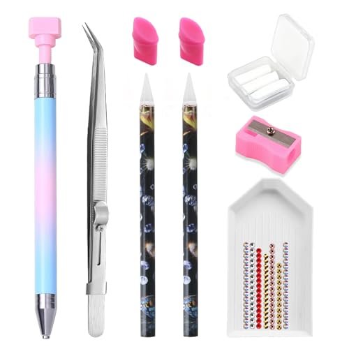 ESUOHYM 9 PCS Rhinestone Picker Tool Set - Wax Pencil Applicator, Gem Picker Tweezer & Tray for Nail Art DIY Design (Pink) - görsel 2