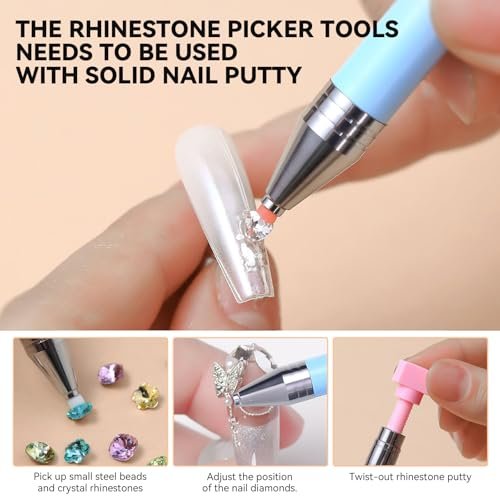 ESUOHYM 9 PCS Rhinestone Picker Tool Set - Wax Pencil Applicator, Gem Picker Tweezer & Tray for Nail Art DIY Design (Pink) - görsel 4