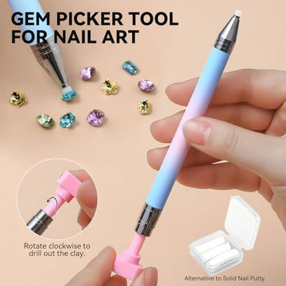 ESUOHYM 9 PCS Rhinestone Picker Tool Set - Wax Pencil Applicator, Gem Picker Tweezer & Tray for Nail Art DIY Design (Pink)