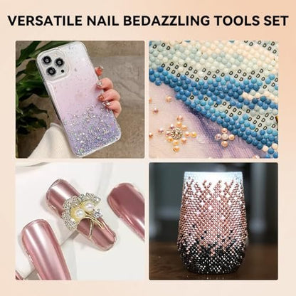 ESUOHYM 9 PCS Rhinestone Picker Tool Set - Wax Pencil Applicator, Gem Picker Tweezer & Tray for Nail Art DIY Design (Pink)