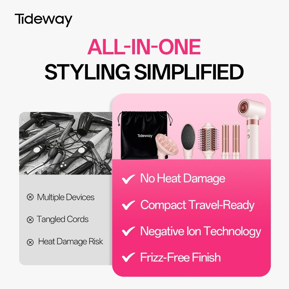 Tideway Prowaver 6-in-1 Hot Air Styler Wrap - Dual Voltage Ionic Professional Hair Dryer Brush with Auto Wrap Curlers & Volumizing Brush for Fast Drying & Frizz Free Hair for Women Avelisse