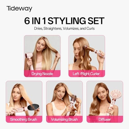 Tideway Prowaver 6-in-1 Hot Air Styler Wrap - Dual Voltage Ionic Professional Hair Dryer Brush with Auto Wrap Curlers & Volumizing Brush for Fast Drying & Frizz Free Hair for Women Avelisse