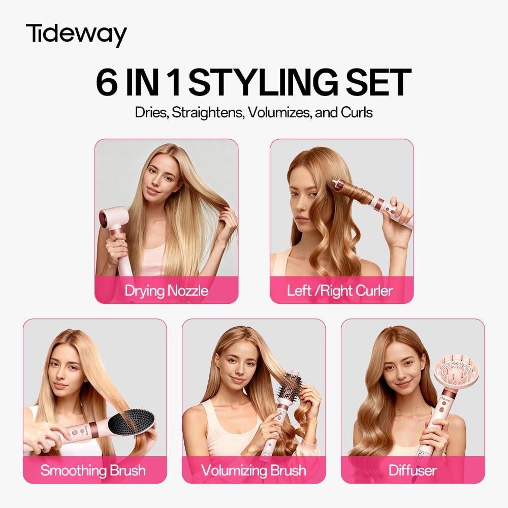 Tideway Prowaver 6-in-1 Hot Air Styler Wrap - Dual Voltage Ionic Professional Hair Dryer Brush with Auto Wrap Curlers & Volumizing Brush for Fast Drying & Frizz Free Hair for Women Avelisse