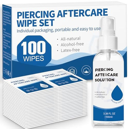 2-in-1 Piercing Aftercare Spray & Wipes Kit: Non-Greasy Saline Solution for Keloid Bump Removal, Piercing Bump Treatment, Ear Nose Lip Belly Cleaner (3.38oz + 100ct)