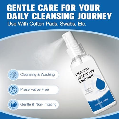 2-in-1 Piercing Aftercare Spray & Wipes Kit: Non-Greasy Saline Solution for Keloid Bump Removal, Piercing Bump Treatment, Ear Nose Lip Belly Cleaner (3.38oz + 100ct)