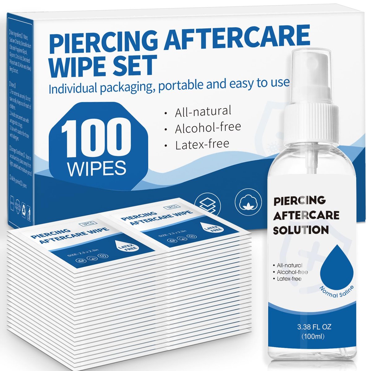 2-in-1 Piercing Aftercare Spray & Wipes Kit: Non-Greasy Saline Solution for Keloid Bump Removal, Piercing Bump Treatment, Ear Nose Lip Belly Cleaner (3.38oz + 100ct) - görsel 1