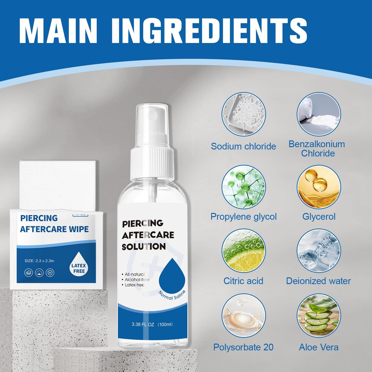 2-in-1 Piercing Aftercare Spray & Wipes Kit: Non-Greasy Saline Solution for Keloid Bump Removal, Piercing Bump Treatment, Ear Nose Lip Belly Cleaner (3.38oz + 100ct) - görsel 3