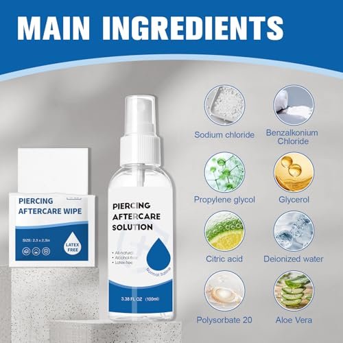 2-in-1 Piercing Aftercare Spray & Wipes Kit: Non-Greasy Saline Solution for Keloid Bump Removal, Piercing Bump Treatment, Ear Nose Lip Belly Cleaner (3.38oz + 100ct) - görsel 4