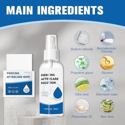 2-in-1 Piercing Aftercare Spray & Wipes Kit: Non-Greasy Saline Solution for Keloid Bump Removal, Piercing Bump Treatment, Ear Nose Lip Belly Cleaner (3.38oz + 100ct)