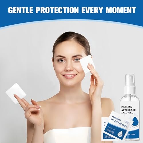 2-in-1 Piercing Aftercare Spray & Wipes Kit: Non-Greasy Saline Solution for Keloid Bump Removal, Piercing Bump Treatment, Ear Nose Lip Belly Cleaner (3.38oz + 100ct) - görsel 14