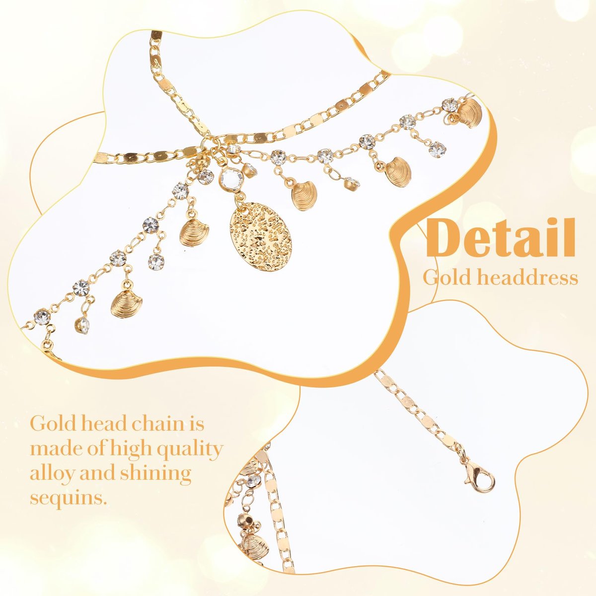 Nogeqi Gold Head Chain Shells Rhinestone Egyptian Headpiece Gold Genie Head Jewelry for Women Girls Goddess, Boho Headpiece Egyptian Hair Accessories for Festival Prom Wedding - görsel 5