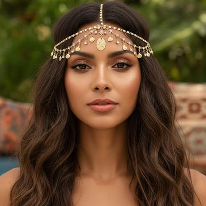 Nogeqi Gold Head Chain Shells Rhinestone Egyptian Headpiece Gold Genie Head Jewelry for Women Girls Goddess, Boho Headpiece Egyptian Hair Accessories for Festival Prom Wedding
