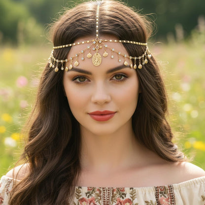 Nogeqi Gold Head Chain Shells Rhinestone Egyptian Headpiece Gold Genie Head Jewelry for Women Girls Goddess, Boho Headpiece Egyptian Hair Accessories for Festival Prom Wedding