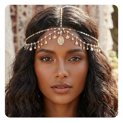 Nogeqi Gold Head Chain Shells Rhinestone Egyptian Headpiece Gold Genie Head Jewelry for Women Girls Goddess, Boho Headpiece Egyptian Hair Accessories for Festival Prom Wedding - görsel 2