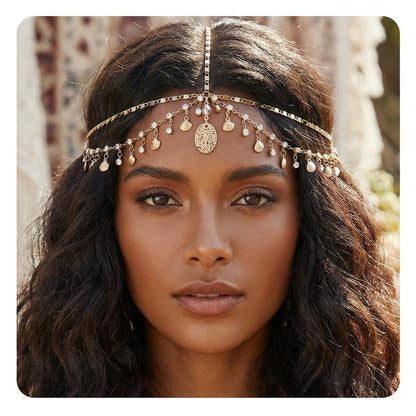 Nogeqi Gold Head Chain Shells Rhinestone Egyptian Headpiece Gold Genie Head Jewelry for Women Girls Goddess, Boho Headpiece Egyptian Hair Accessories for Festival Prom Wedding