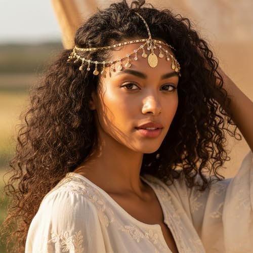 Nogeqi Gold Head Chain Shells Rhinestone Egyptian Headpiece Gold Genie Head Jewelry for Women Girls Goddess, Boho Headpiece Egyptian Hair Accessories for Festival Prom Wedding - görsel 4